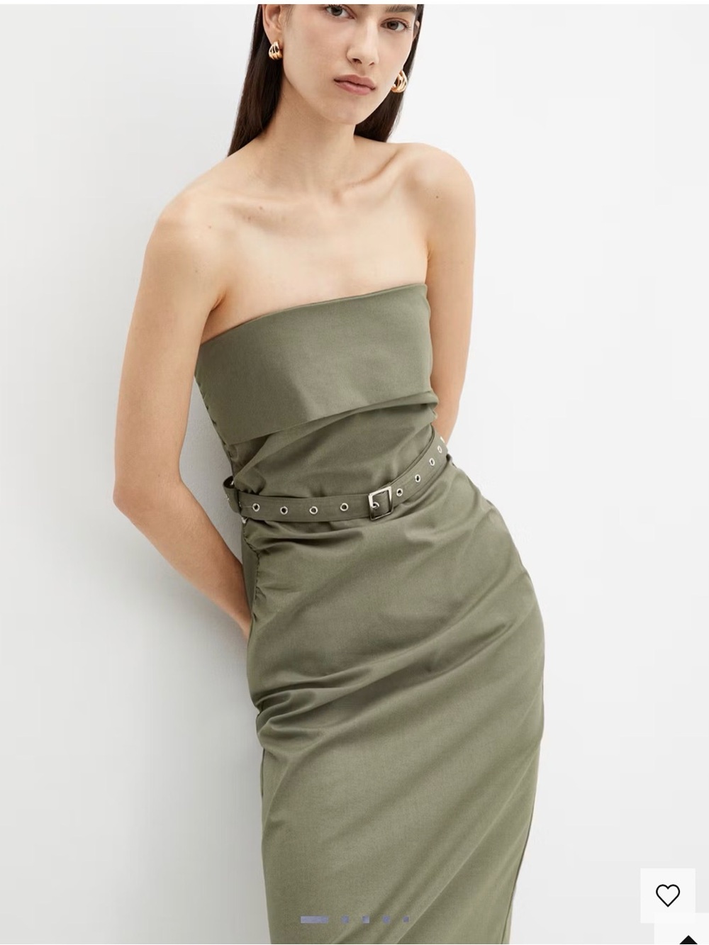 Mango Olive Green Strapless Belted Midi Dress